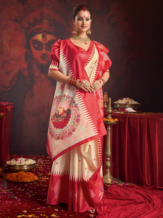Ivory Murshidabad Silk Saree with Ombre Pastel Ground, Ikat Spike Lal Paar Border, Kalighat Durga Face Floral Wreath Pallu & Red Puff Blouse