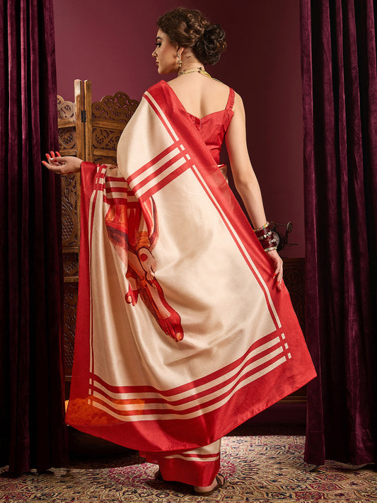 Ivory Murshidabad Silk Saree with Red Durga Devi Medallion Motifs, Lal Paar Border, Digital Durga Pallu & Red Blouse