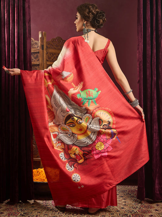 Ivory Murshidabad Silk Saree with Red Lal Paar Border, Pattachitra Durga & Lion Digital Pallu & Red Sweetheart Crop Blouse