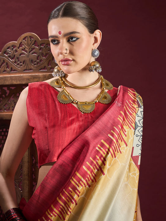 Ivory Murshidabad Silk Saree with Red Trishul Motifs, Feathered Flame Border, Golden Pattachitra Durga Pallu & Red Blouse