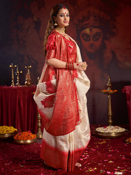 Heritage Off-White and Red Banarasi Silk Blend Saree
