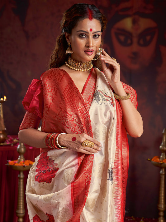 Heritage Off-White and Red Banarasi Silk Blend Saree
