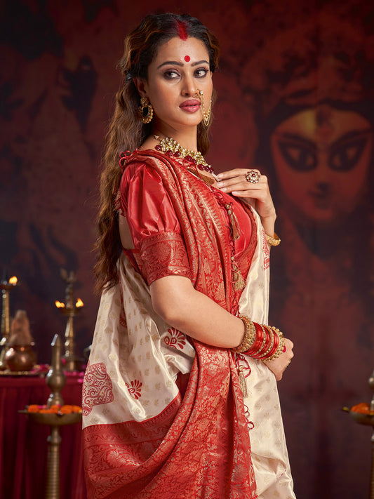 Cream & Red Banarasi Silk Zari Weaving Silk Blend Saree