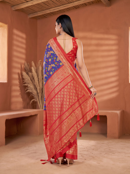 Anagha Blue Ethnic Motif Cotton Blend Saree with Zari Border & Red Blouse Piece