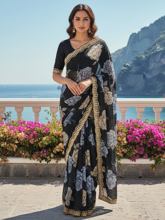 Black Georgette  Digital Floral Print with Golden Lace Border