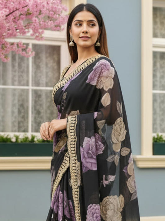 Black with Lavender Premium Chiffon Digital Floral Print