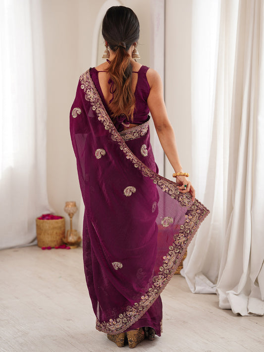 Wine Georgette Silk Blend Saree