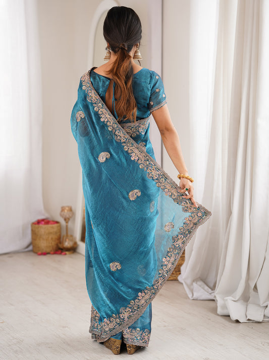 Rama Blue Georgette Silk Blend Saree