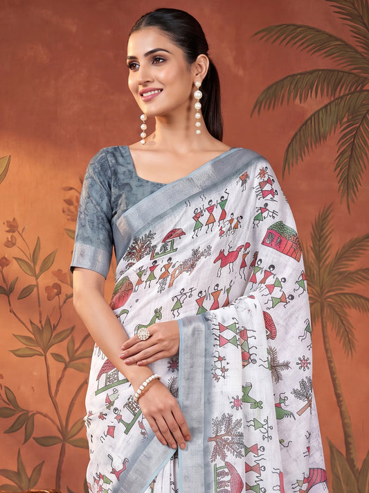 Off-White Cotton Linen Saree with Folk Art Digital Print