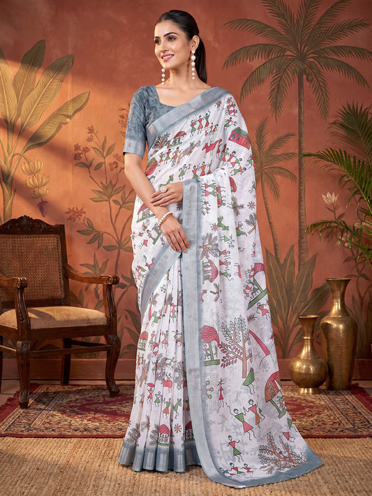 Off-White Cotton Linen Saree with Folk Art Digital Print
