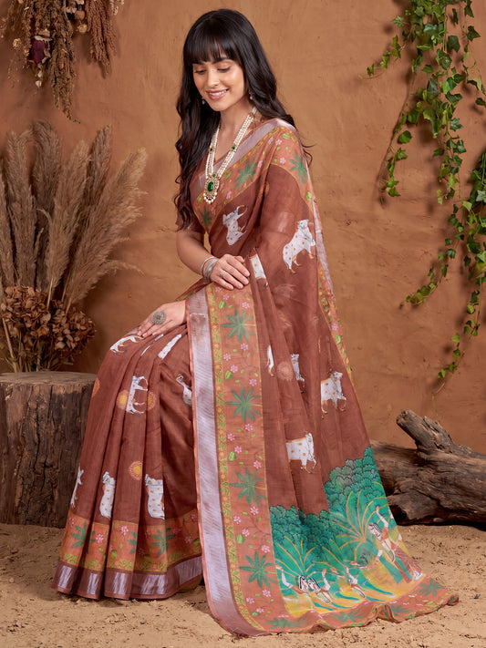 Brown Pichwai Cow Printed Cotton Linen Saree