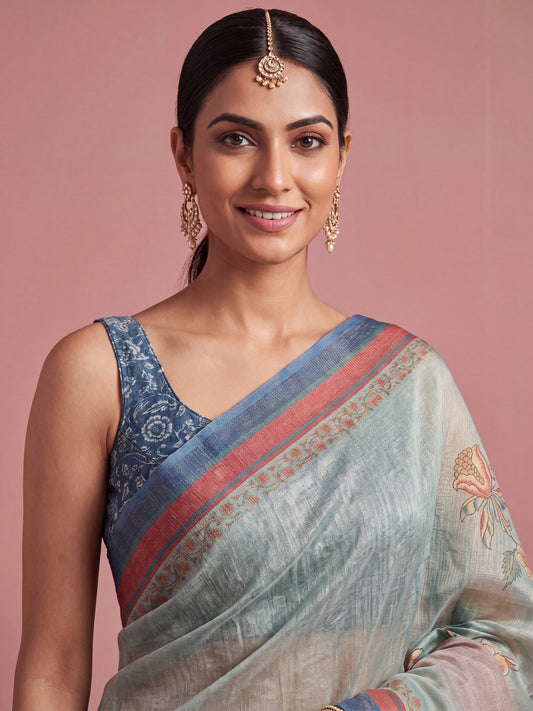 Sea Green Floral Printed Pallu Cotton Silk Saree