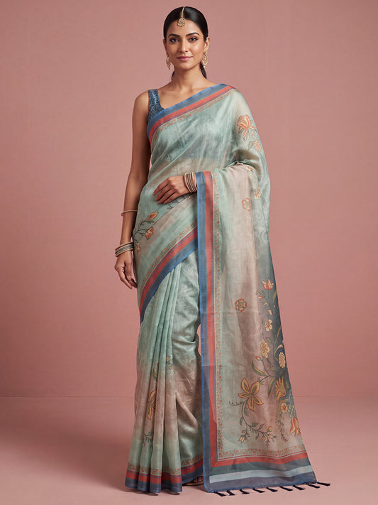 Sea Green Floral Printed Pallu Cotton Silk Saree