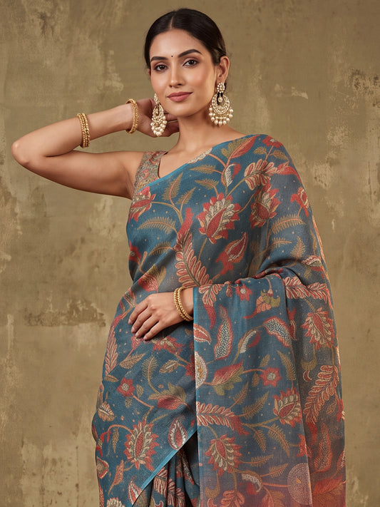 Teal Blue Digital Floral Print Cotton Silk Saree