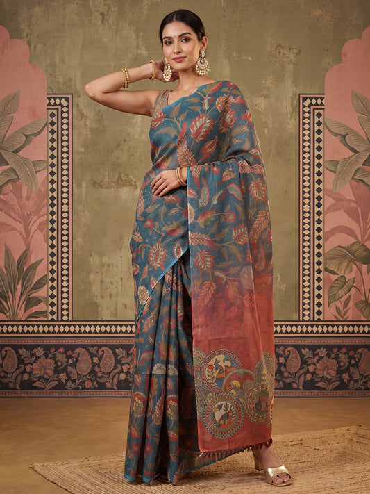 Teal Blue Digital Floral Print Cotton Silk Saree