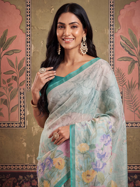 Mint Green Digital Floral Print Cotton Silk Saree