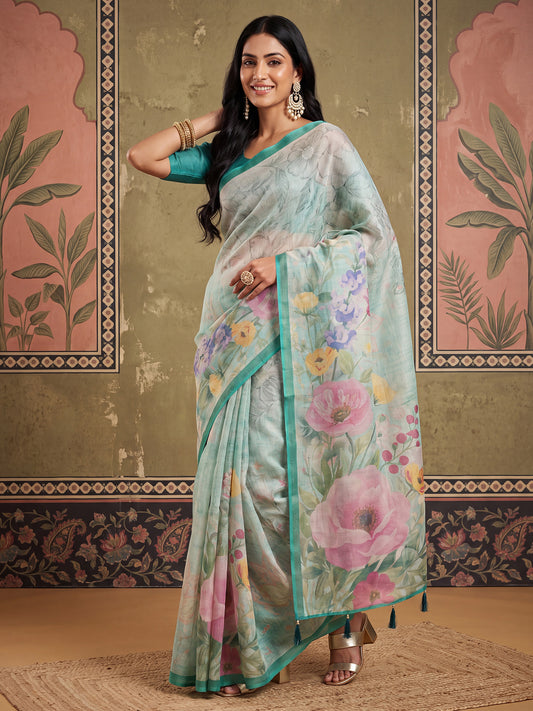 Mint Green Digital Floral Print Cotton Silk Saree