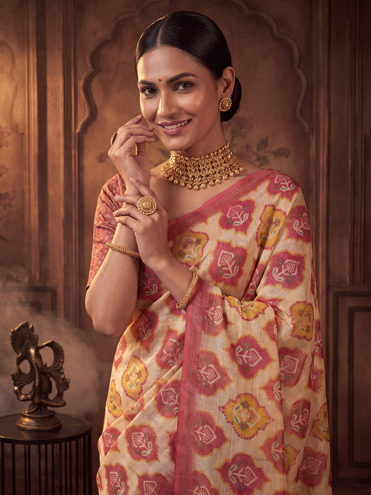 Beige Ikat Inspired Digital Print Cotton Silk Saree