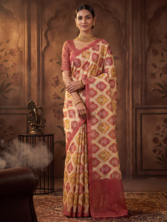 Beige Ikat Inspired Digital Print Cotton Silk Saree