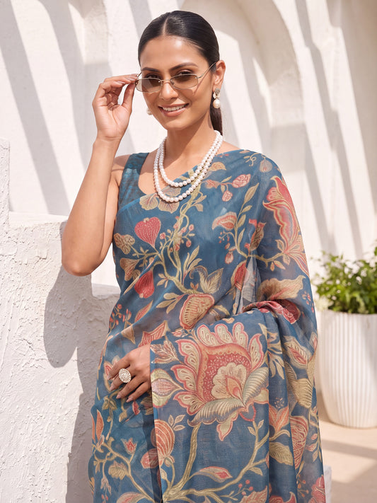 Teal Blue Floral Printed Cotton Silk Saree