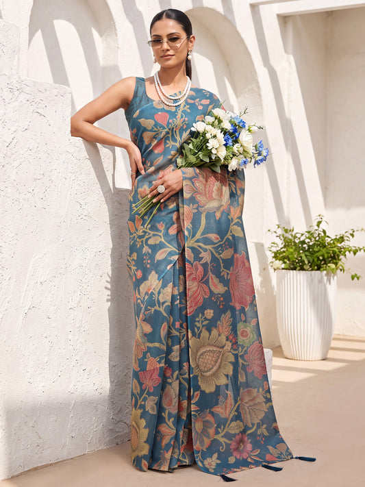 Teal Blue Floral Printed Cotton Silk Saree