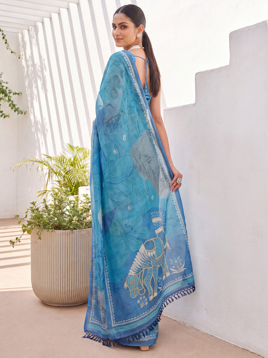 Blue Cotton Silk Printed Saree with Elephant Pallu & Tassels