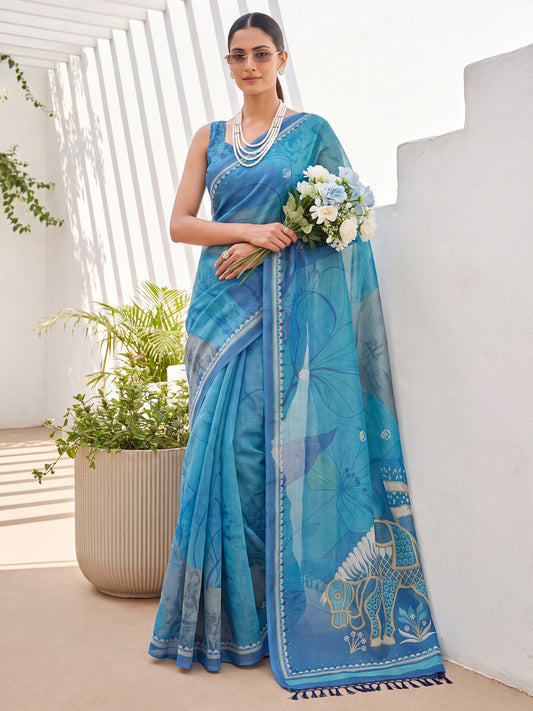 Blue Cotton Silk Printed Saree with Elephant Pallu & Tassels