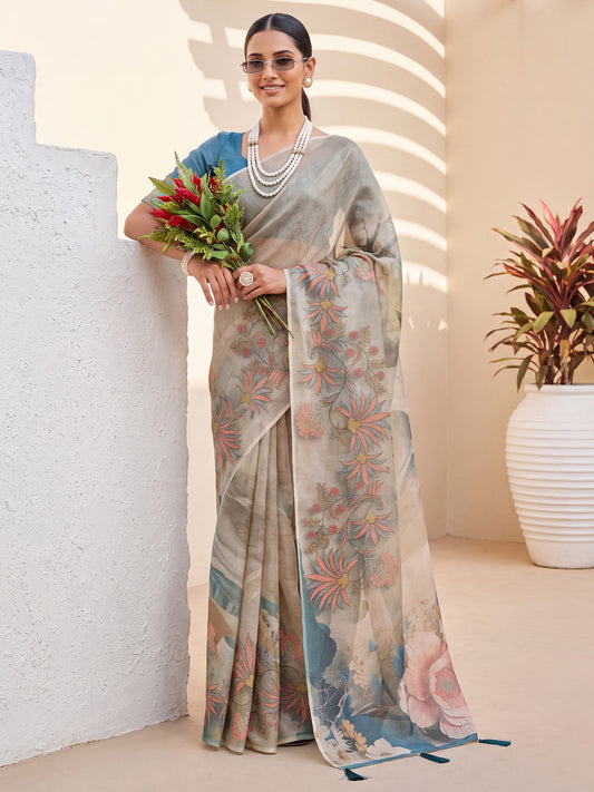 Grey Beige Cotton Silk Floral Printed Saree