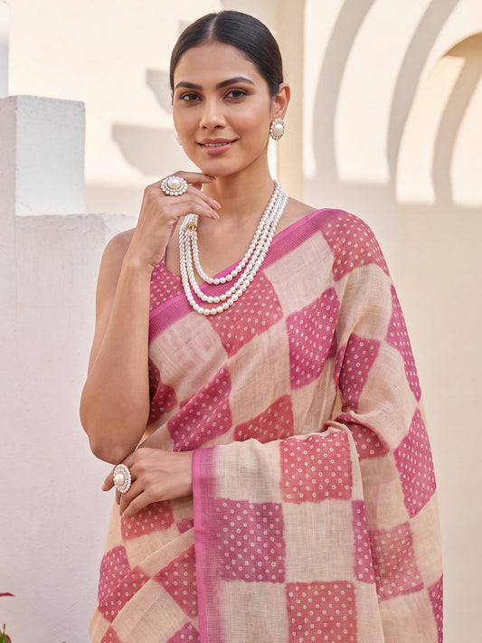 Pink & Cream Checkered Print Cotton Silk Saree
