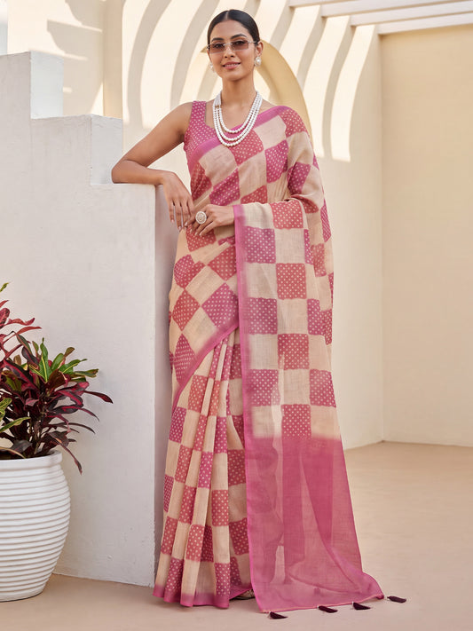 Pink & Cream Checkered Print Cotton Silk Saree