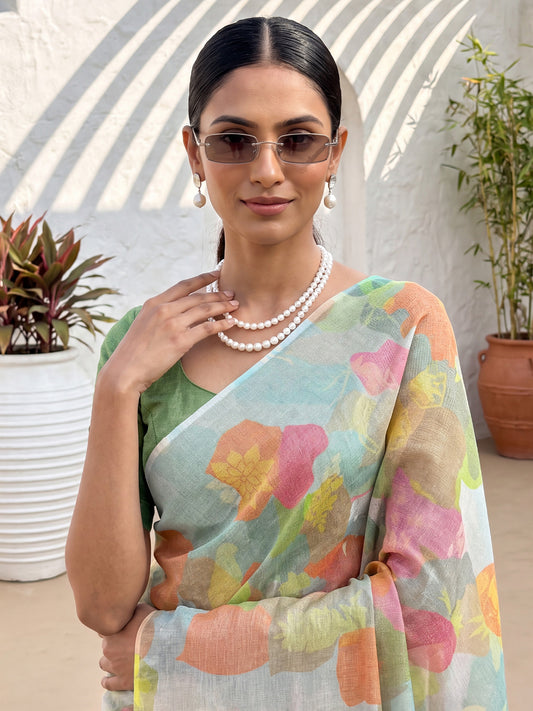 Mint Green Cotton Silk Abstract Watercolor Print Saree
