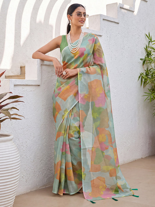 Mint Green Cotton Silk Abstract Watercolor Print Saree