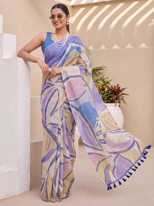 Cream & Lavender Abstract Line Cotton Silk Saree