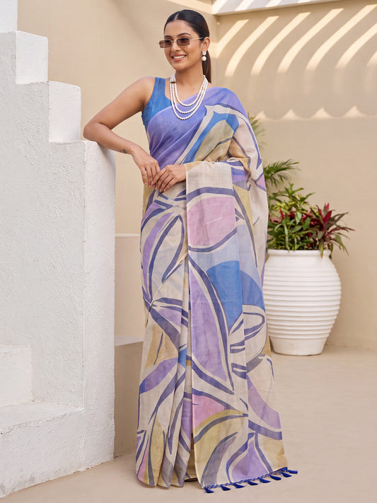 Cream & Lavender Abstract Line Cotton Silk Saree