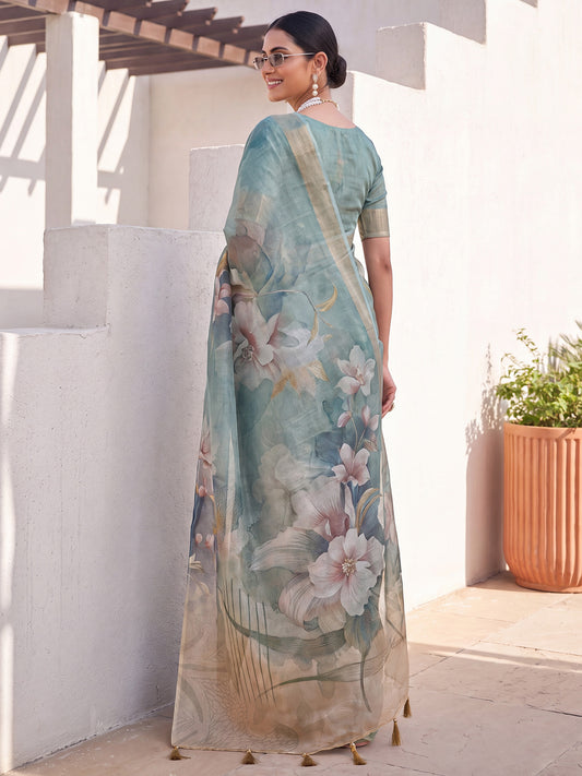 Teal Blue Cotton Silk Floral Digital Print Saree