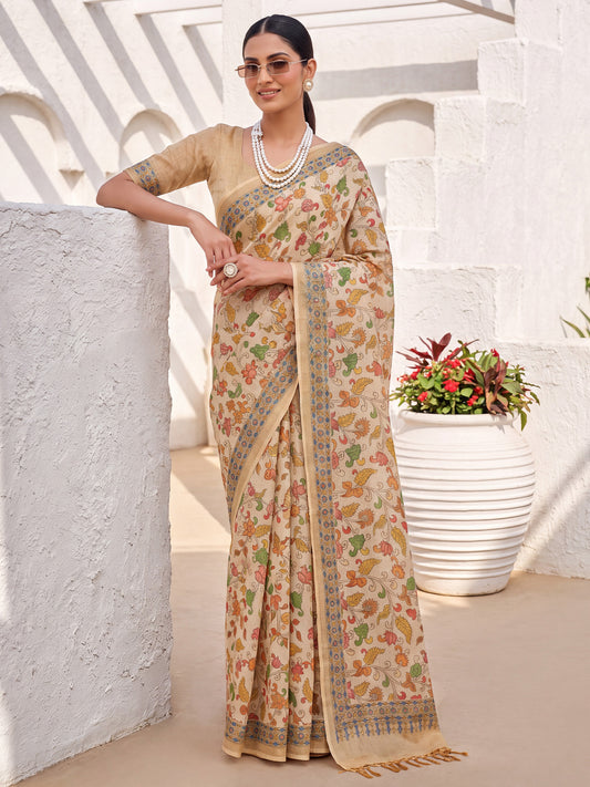 Beige Cotton Silk Floral Print Silk Saree