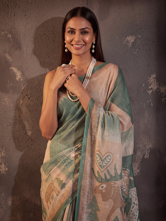 Sage Green & Beige Animal Motif Cotton Silk Print Saree