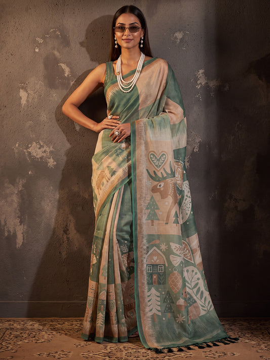 Sage Green & Beige Animal Motif Cotton Silk Print Saree