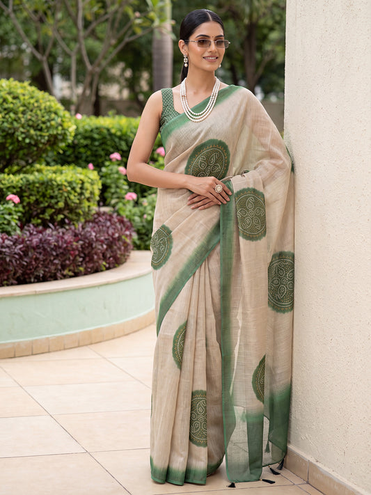 Beige & Dark Green Cotton Silk Woven Paisley Medallion Saree