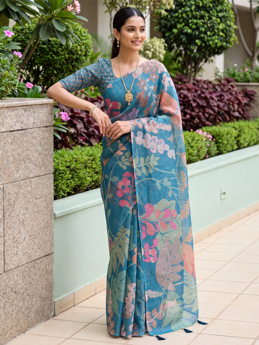 Teal Blue Cotton Silk Large Floral Print Saree
