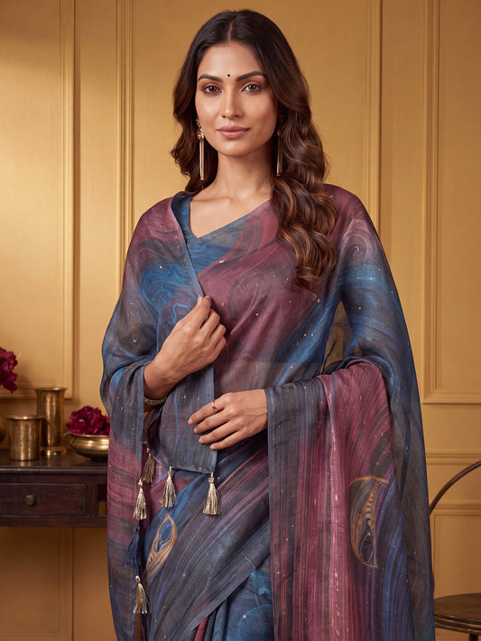 Multicolor Blue & Wine Abstract Digital Print Cotton Silk Saree