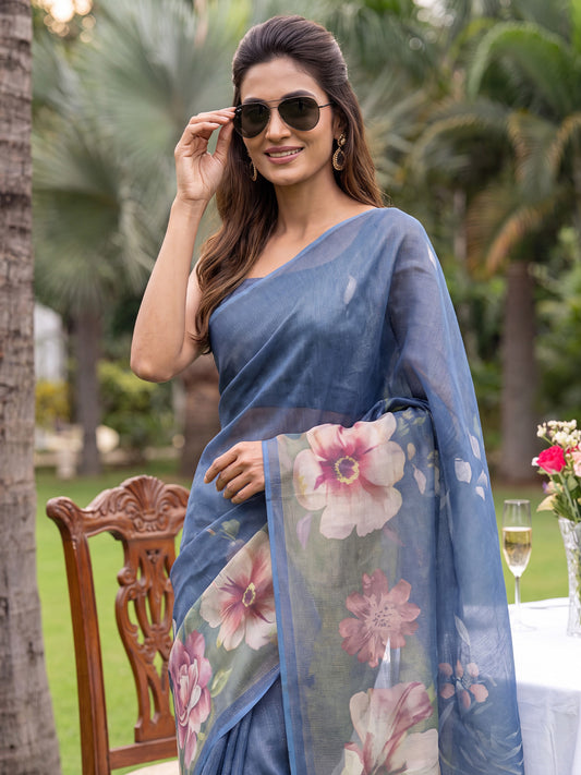 Steel Blue Cotton Silk Large Floral Digital Print