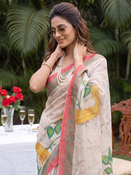 Off-White Kalamkari Bird & Botanical Print Cotton Silk Saree