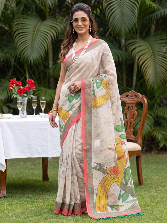 Off-White Kalamkari Bird & Botanical Print Cotton Silk Saree