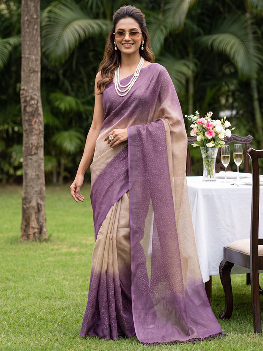 Purple & Beige Ombre Sequin Embellished Cotton Silk Saree