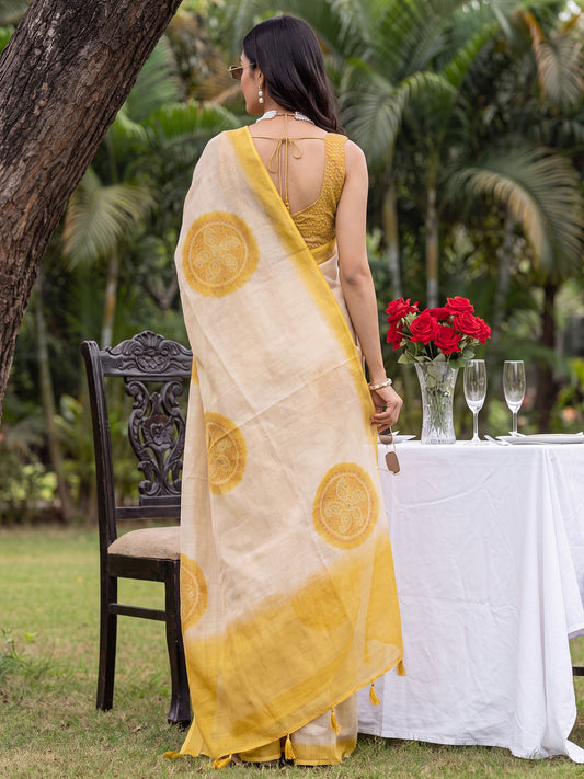 Cream & Yellow Cotton Silk Woven Medallion Butta Saree