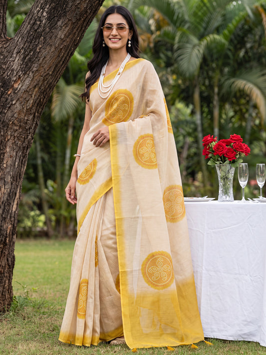 Cream & Yellow Cotton Silk Woven Medallion Butta Saree