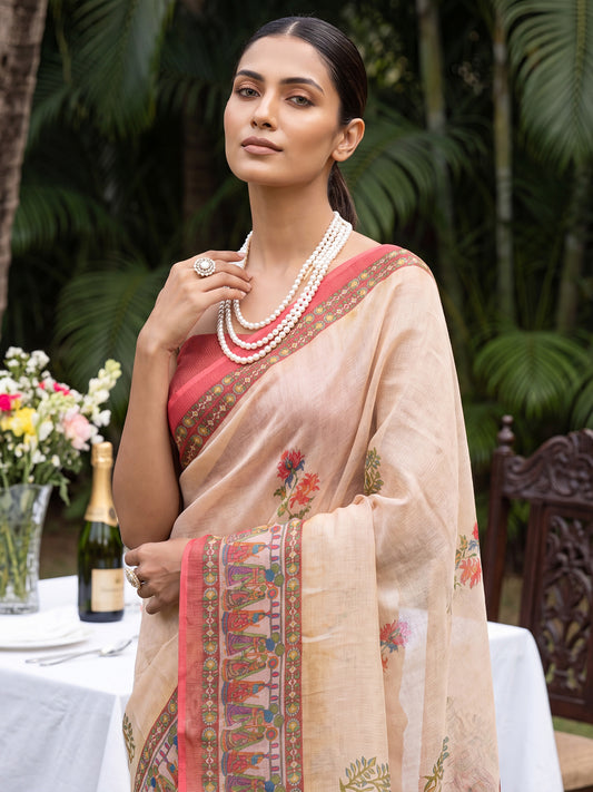 Peach Cotton Silk Woven Warli Tribal Border Saree