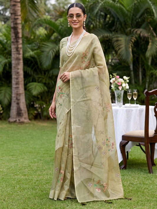 Sage Olive Green Cotton Silk Floral Embroidered Saree