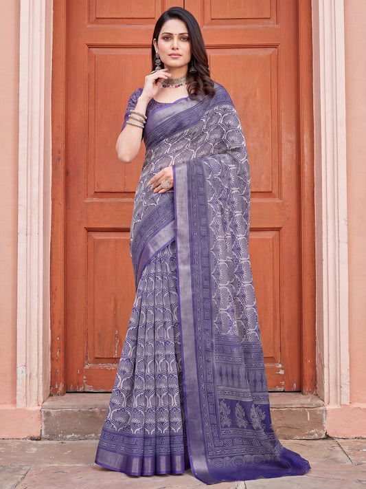Lavender Purple Kalamkari Printed Cotton Linen Saree